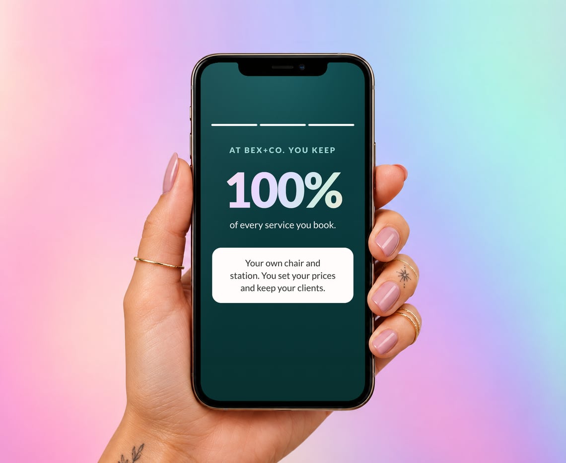 A beauty pro holds a phone showing the bex+Co.® calculator: at bex+Co. you keep 100% of every service you book